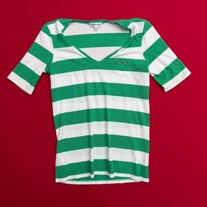 Vintage Lacoste Women's Green and White Striped V-Neck T-Shirt